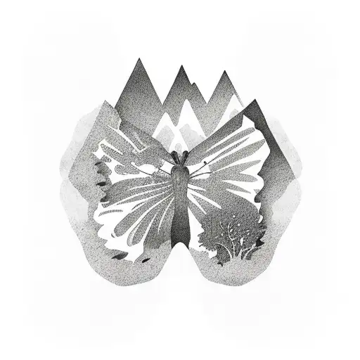 Mountain range with a hidden butterfly silhouette tattoo design idea