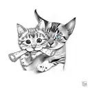 A sketch-style tattoo of a playful cat and dog sharing a meaty bone tattoo design idea