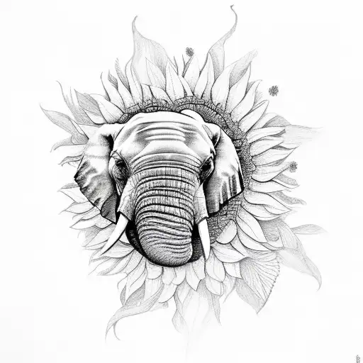 elephant face soundounder with sunflowers and rosess  tattoo design idea