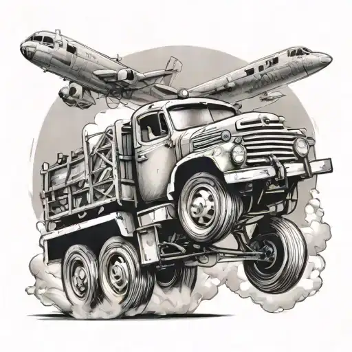 Create a tattoo featuring a vintage truck with a US Army Airborne paratrooper jumping out tattoo design idea