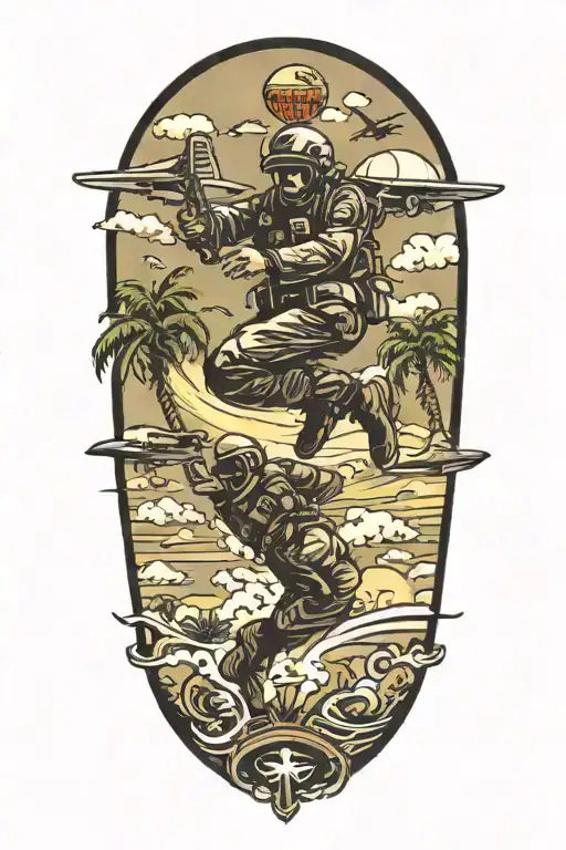 US paratrooper jumping out of a plane over palm trees and waves tattoo design idea