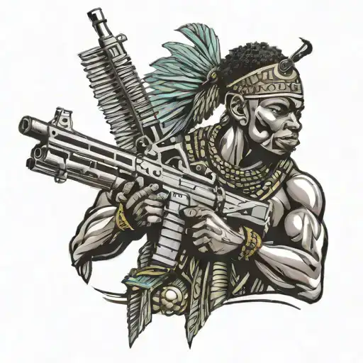 African warrior holding M4 rifle  tattoo design idea