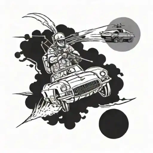 Design a tattoo with a corvette speeding through a Texas landscape with a military warrior riding shotgun tattoo design idea