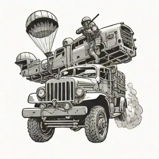 Create a tattoo featuring a vintage truck with a US Army Airborne paratrooper jumping out tattoo design idea