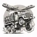 Create a tattoo featuring a vintage truck with a US Army Airborne paratrooper jumping out tattoo design idea