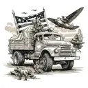 Create a tattoo featuring a vintage truck with a US Army Airborne paratrooper jumping out tattoo design idea