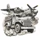 Create a tattoo featuring a vintage truck with a US Army Airborne paratrooper jumping out tattoo design idea