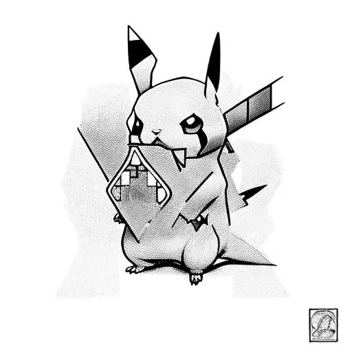 A tattoo design featuring a Pikachu playing chess with a black and grey style tattoo design idea