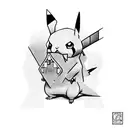 A tattoo design featuring a Pikachu playing chess with a black and grey style tattoo design idea