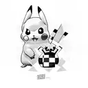 A tattoo design featuring a Pikachu playing chess with a black and grey style tattoo design idea