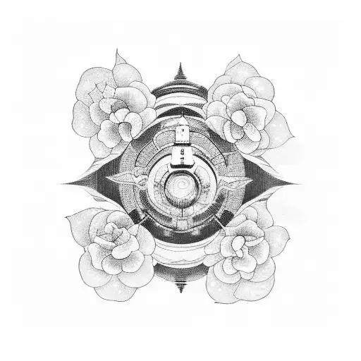 A blackwork tattoo of a film projector projecting an image of a sci-fi landscape filled with blooming celestial flowers tattoo design idea