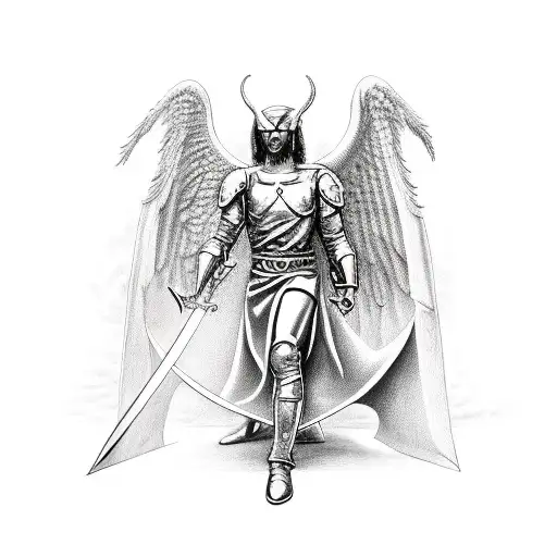 Michael the Archangel stepping on a demon with a sword is his hand. the demon should to apear to be falling. tattoo design idea