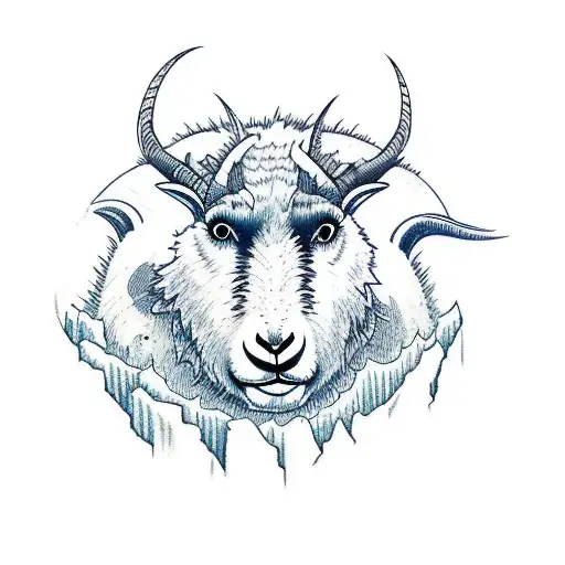 Mountain Goat wearing jean shorts, cliff climbing with ice axes. tattoo design idea