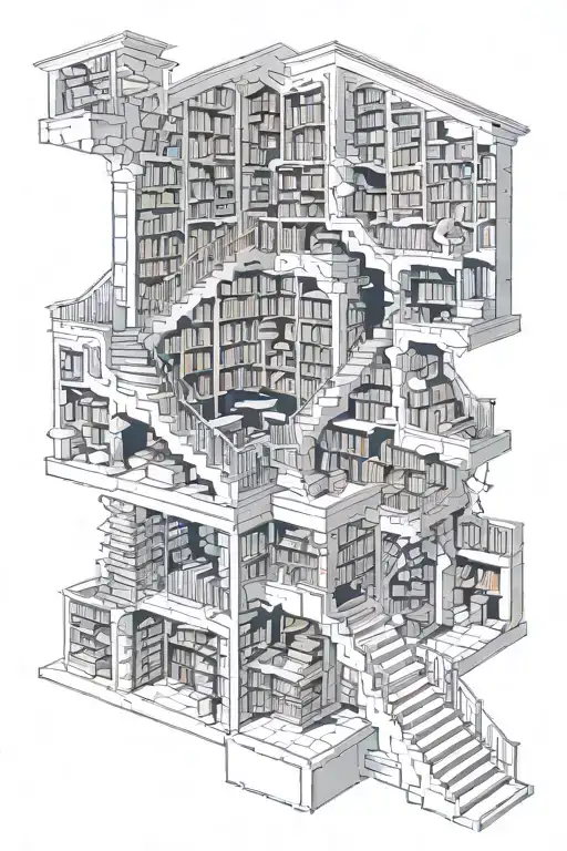 A library, but in the style of escher. insert citations to borges tattoo design idea