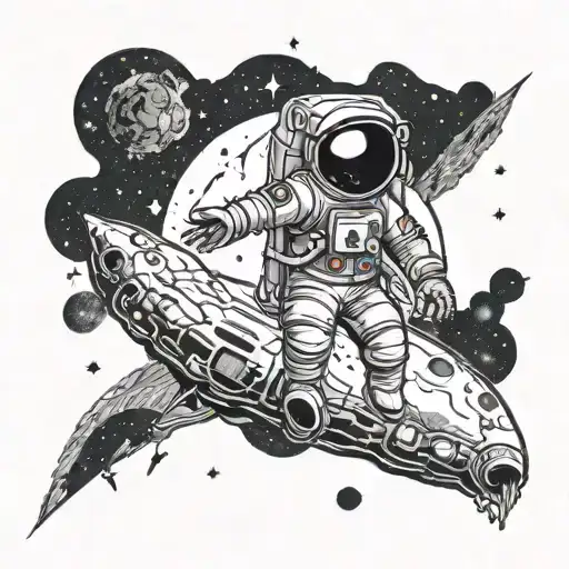 Design a tattoo of an astronaut in space walking on the moon with his hand outstretched towards an alien spaceship. In the background, include a black hole and a galaxy filled with stars. tattoo design idea