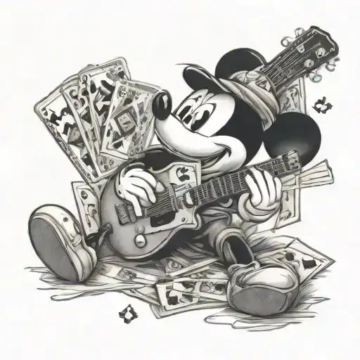 A realistic portrait of Mickey Mouse holding a guitar with playing cards and money in the background tattoo design idea
