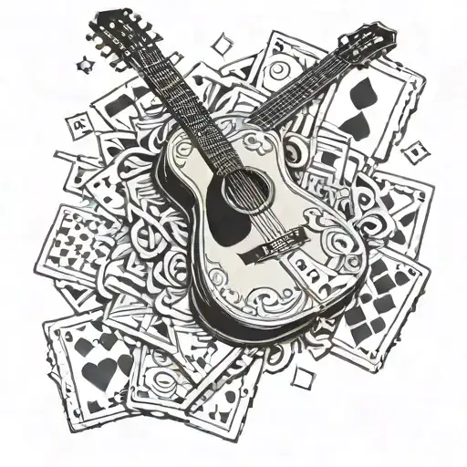 A traditional style design of a guitar with Mickey Mouse sitting on top surrounded by playing cards and money tattoo design idea