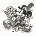 A realistic portrait of Mickey Mouse holding a guitar with playing cards and money in the background tattoo design idea