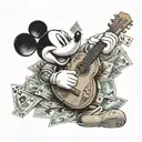 A realistic portrait of Mickey Mouse holding a guitar with playing cards and money in the background tattoo design idea