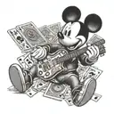A realistic portrait of Mickey Mouse holding a guitar with playing cards and money in the background tattoo design idea