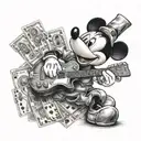 A realistic portrait of Mickey Mouse holding a guitar with playing cards and money in the background tattoo design idea