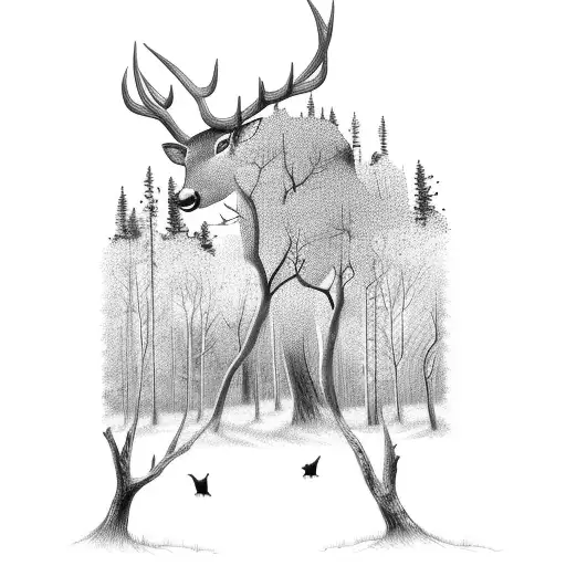 forest with deer tattoo design idea