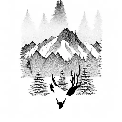 mountain with forest with deer tattoo design idea