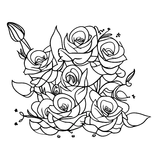 bouquet of 2 roses, stargazer lily, violet with lily of the valley tattoo design idea