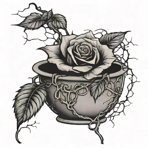 A rose vine growing out of a cracked pot, symbolizing growth and renewal inspired by the art of Kintsugi tattoo design idea
