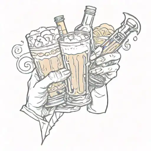 A sketch tattoo of friends toasting with tequila shots, with a beer bottle and music notes in the background tattoo design idea