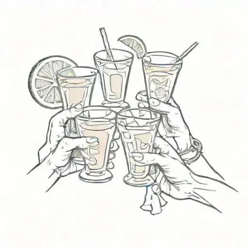 A sketch style tattoo of a group of friends raising tequila shots in a toast, celebrating your love for partying and matching with your friends tattoo design idea