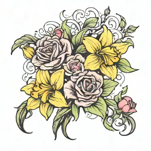 daffodils roses sweet pea intertwined  tattoo design idea