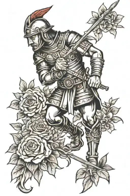 warrior in a garden scene tattoo design idea