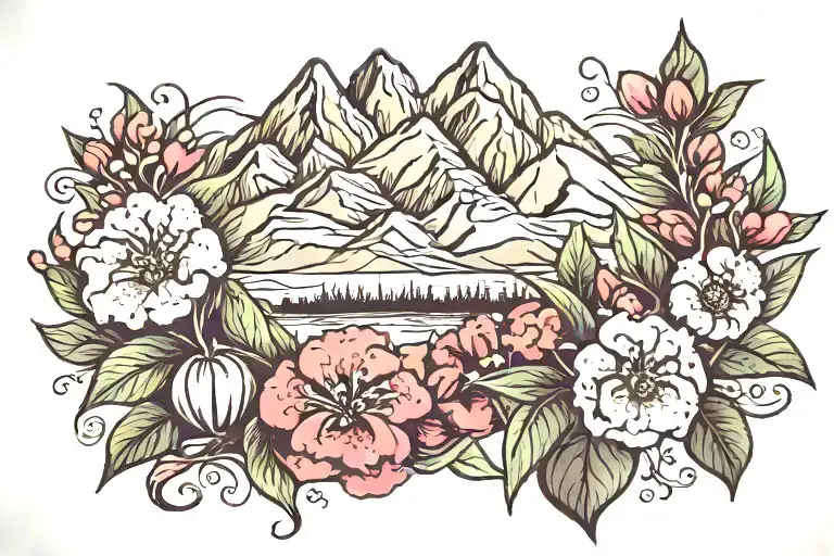 mountain range with sweet william flower blooming tattoo design idea