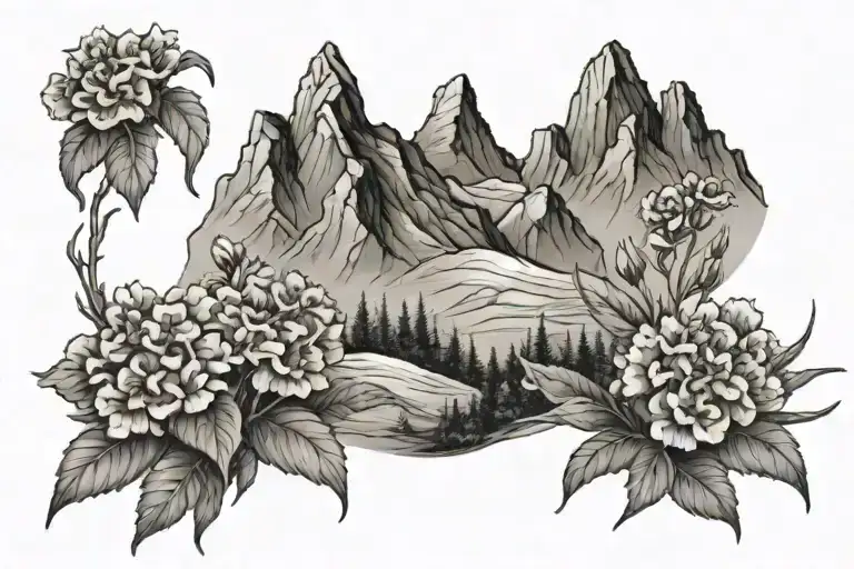 mountain range with sweet william flowers  tattoo design idea