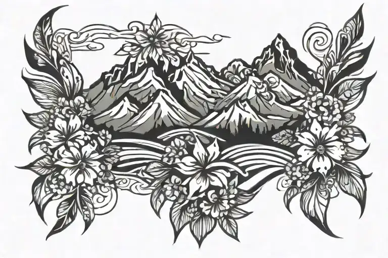 mountain range with sweet william flower blooming tattoo design idea