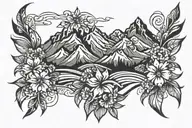 mountain range with sweet william flower blooming tattoo design idea