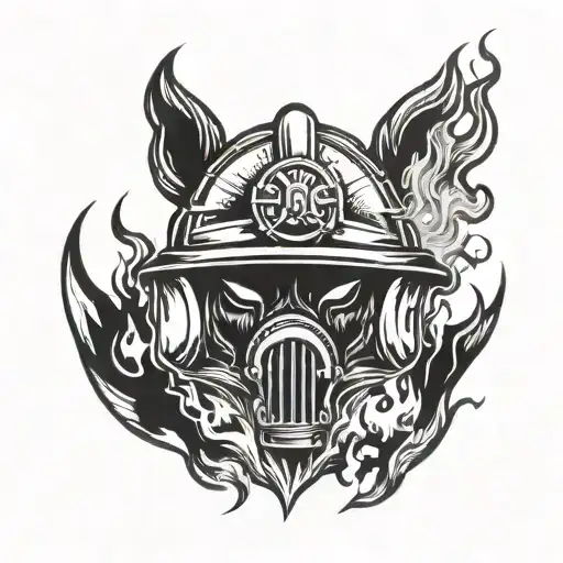 Firefighter helmet engulfed in flames with a wolf silhouette in the background tattoo design idea