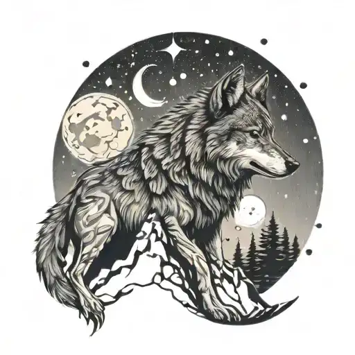 Wolf howling at the moon with firefighter tools scattered around tattoo design idea