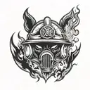 Firefighter helmet engulfed in flames with a wolf silhouette in the background tattoo design idea