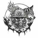 Firefighter helmet engulfed in flames with a wolf silhouette in the background tattoo design idea