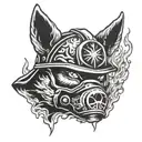Firefighter helmet engulfed in flames with a wolf silhouette in the background tattoo design idea