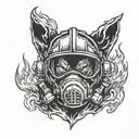 Firefighter helmet engulfed in flames with a wolf silhouette in the background tattoo design idea