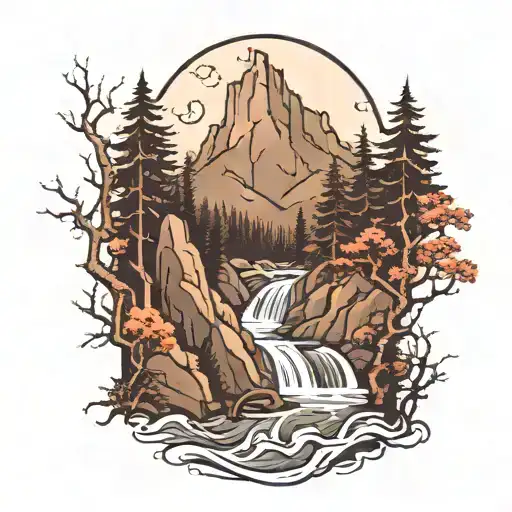 M Shaped mountain in the background, creek running through a needle forest endin in a waterfall, wolve houling at moon tattoo design idea