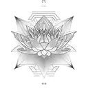 hand holding lotus and from this lotus there is a decorated ornated victorian design and this key 3 triangles bee tattoo design idea