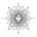 hand holding lotus and from this lotus there is a decorated ornated victorian design and this key 3 triangles bee tattoo design idea