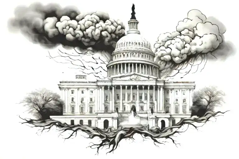 us capital building abandoned starting to crumble with fire and smoke coming out of it tattoo design idea