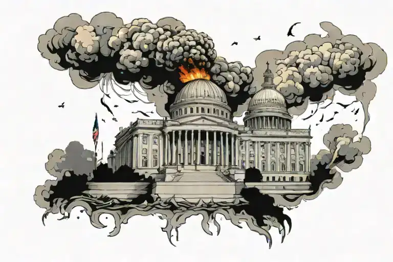 us capital building abandoned starting to crumble with fire and smoke coming out of it tattoo design idea
