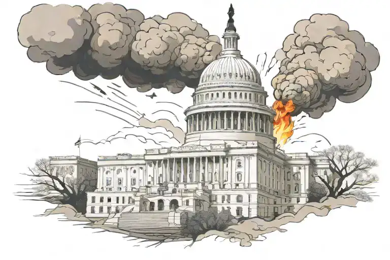 us capital building abandoned starting to crumble with fire and smoke coming out of it tattoo design idea