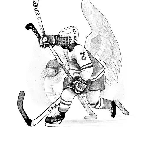 A sketch-style tattoo of a group of kids playing hockey, with St. Michael watching over them tattoo design idea